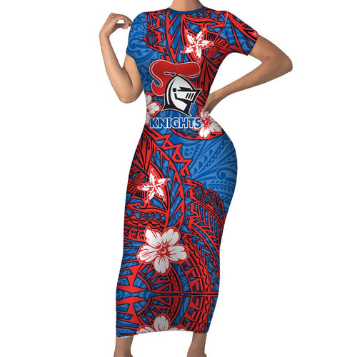 Personalised Newcastle Knights Family Matching Short Sleeve Bodycon Dress and Hawaiian Shirt Polynesian Tribal Pattern With Rugby Knight Mascot Art