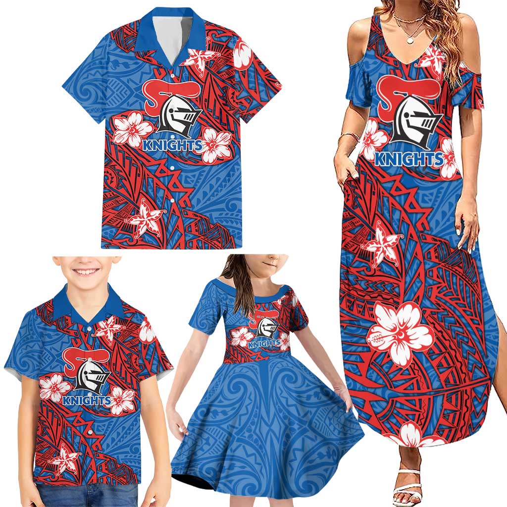 Personalised Newcastle Knights Family Matching Summer Maxi Dress and Hawaiian Shirt Polynesian Tribal Pattern With Rugby Knight Mascot Art