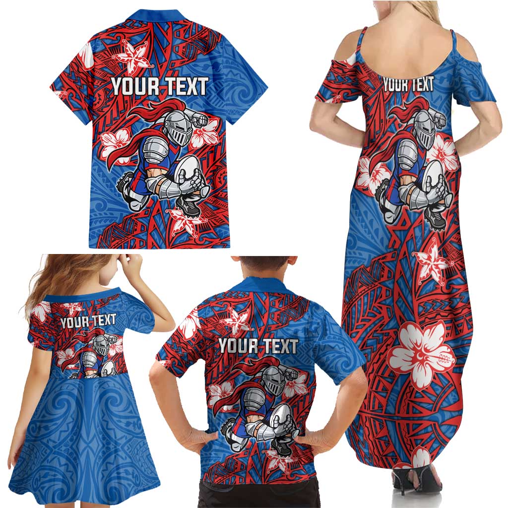 Personalised Newcastle Knights Family Matching Summer Maxi Dress and Hawaiian Shirt Polynesian Tribal Pattern With Rugby Knight Mascot Art