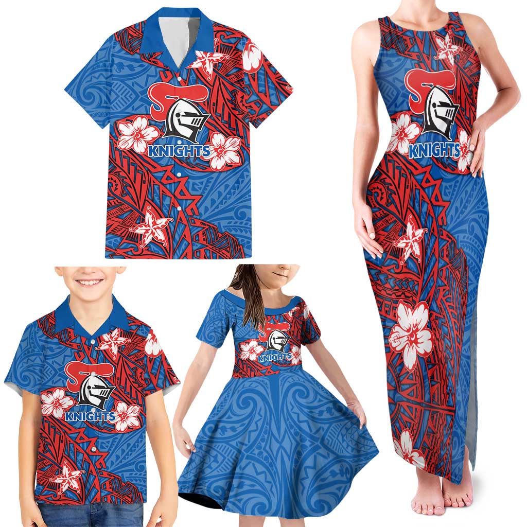 Personalised Newcastle Knights Family Matching Tank Maxi Dress and Hawaiian Shirt Polynesian Tribal Pattern With Rugby Knight Mascot Art