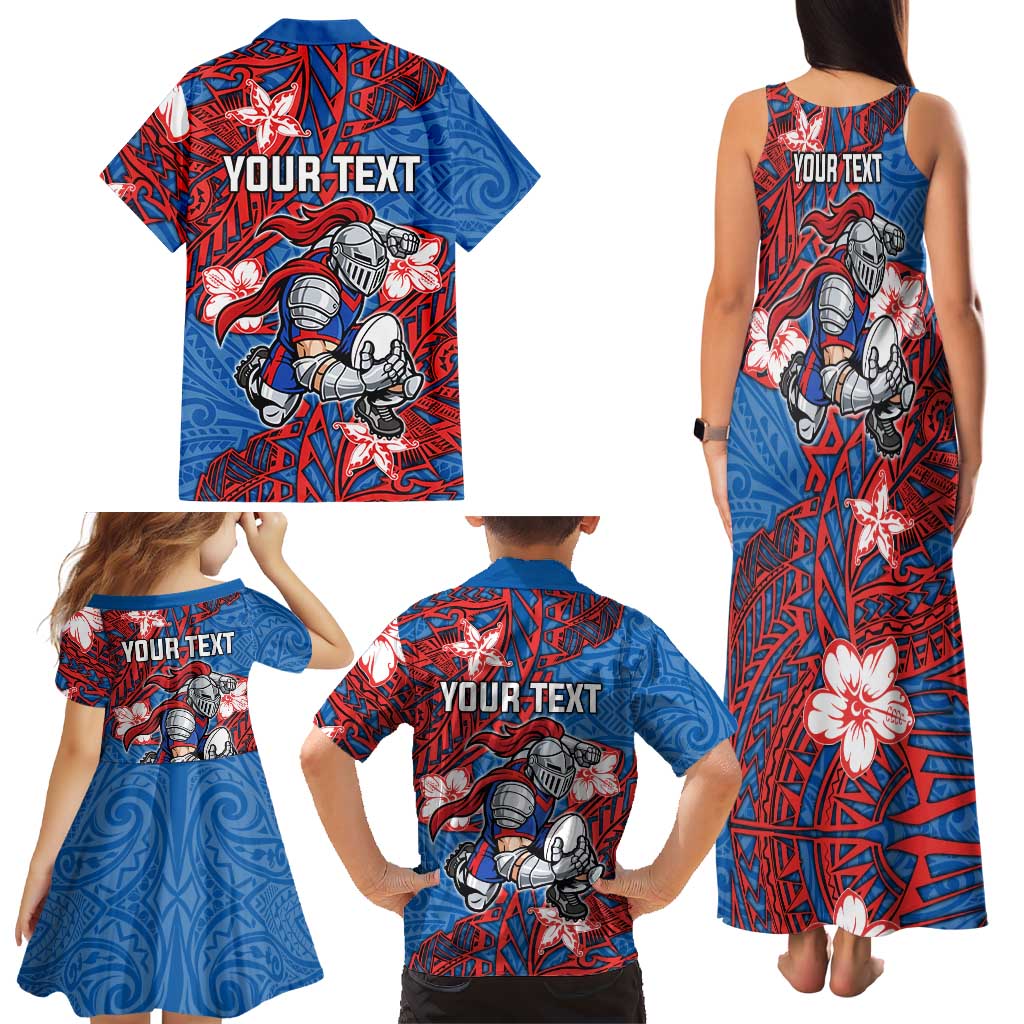 Personalised Newcastle Knights Family Matching Tank Maxi Dress and Hawaiian Shirt Polynesian Tribal Pattern With Rugby Knight Mascot Art
