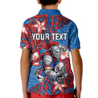 Personalised Newcastle Knights Kid Polo Shirt Polynesian Tribal Pattern With Rugby Knight Mascot Art