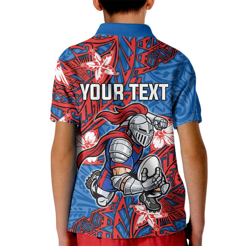Personalised Newcastle Knights Kid Polo Shirt Polynesian Tribal Pattern With Rugby Knight Mascot Art