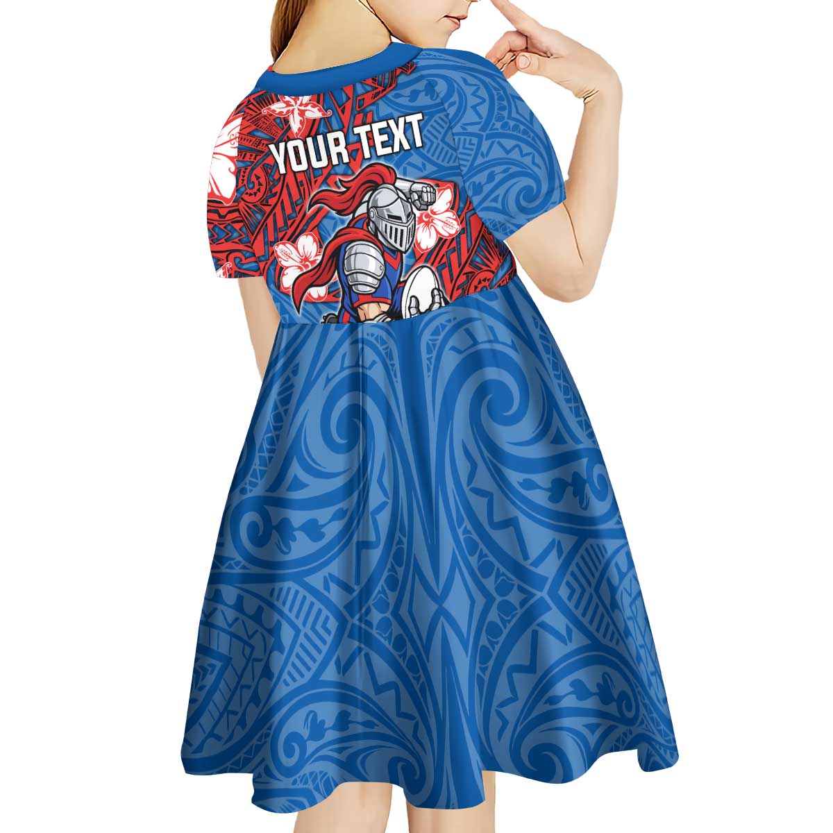 Personalised Newcastle Knights Kid Short Sleeve Dress Polynesian Tribal Pattern With Rugby Knight Mascot Art