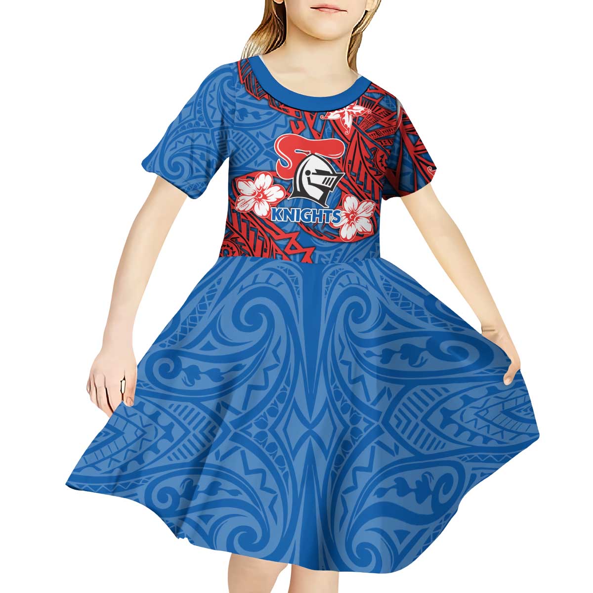 Personalised Newcastle Knights Kid Short Sleeve Dress Polynesian Tribal Pattern With Rugby Knight Mascot Art