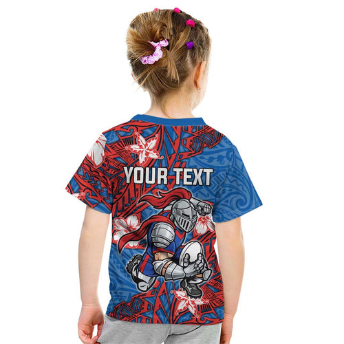 Personalised Newcastle Knights Kid T Shirt Polynesian Tribal Pattern With Rugby Knight Mascot Art