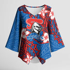 Personalised Newcastle Knights Kimono Sleeve Blouse Polynesian Tribal Pattern With Rugby Knight Mascot Art