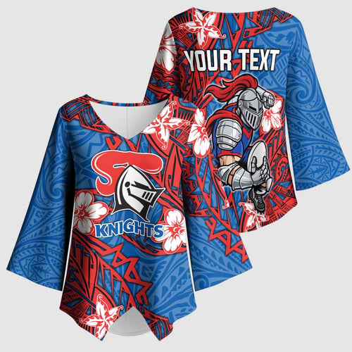 Personalised Newcastle Knights Kimono Sleeve Blouse Polynesian Tribal Pattern With Rugby Knight Mascot Art