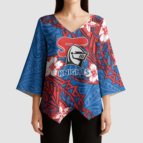 Personalised Newcastle Knights Kimono Sleeve Blouse Polynesian Tribal Pattern With Rugby Knight Mascot Art