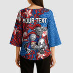 Personalised Newcastle Knights Kimono Sleeve Blouse Polynesian Tribal Pattern With Rugby Knight Mascot Art