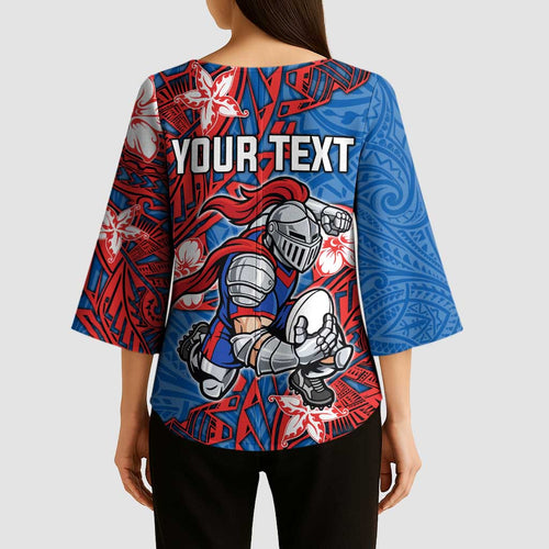 Personalised Newcastle Knights Kimono Sleeve Blouse Polynesian Tribal Pattern With Rugby Knight Mascot Art