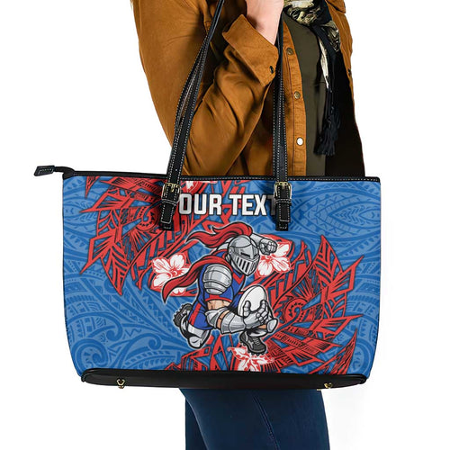 Personalised Newcastle Knights Leather Tote Bag Polynesian Tribal Pattern With Rugby Knight Mascot Art