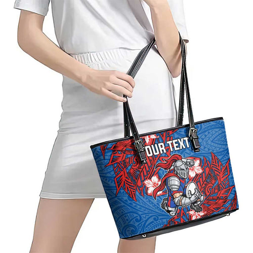 Personalised Newcastle Knights Leather Tote Bag Polynesian Tribal Pattern With Rugby Knight Mascot Art