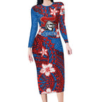 Personalised Newcastle Knights Long Sleeve Bodycon Dress Polynesian Tribal Pattern With Rugby Knight Mascot Art