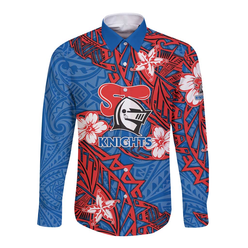 Personalised Newcastle Knights Long Sleeve Button Shirt Polynesian Tribal Pattern With Rugby Knight Mascot Art
