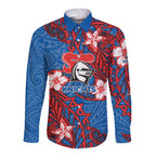 Personalised Newcastle Knights Long Sleeve Button Shirt Polynesian Tribal Pattern With Rugby Knight Mascot Art