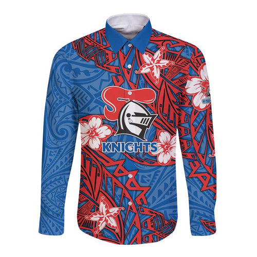 Personalised Newcastle Knights Long Sleeve Button Shirt Polynesian Tribal Pattern With Rugby Knight Mascot Art