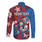 Personalised Newcastle Knights Long Sleeve Button Shirt Polynesian Tribal Pattern With Rugby Knight Mascot Art
