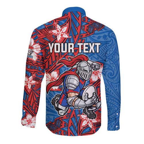 Personalised Newcastle Knights Long Sleeve Button Shirt Polynesian Tribal Pattern With Rugby Knight Mascot Art