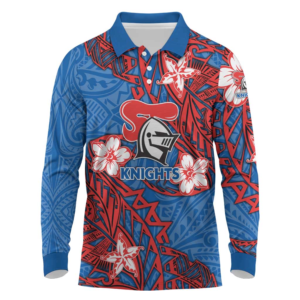 Personalised Newcastle Knights Long Sleeve Polo Shirt Polynesian Tribal Pattern With Rugby Knight Mascot Art