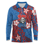 Personalised Newcastle Knights Long Sleeve Polo Shirt Polynesian Tribal Pattern With Rugby Knight Mascot Art