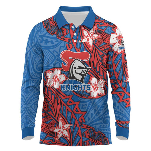 Personalised Newcastle Knights Long Sleeve Polo Shirt Polynesian Tribal Pattern With Rugby Knight Mascot Art
