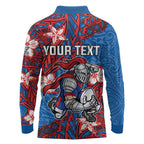 Personalised Newcastle Knights Long Sleeve Polo Shirt Polynesian Tribal Pattern With Rugby Knight Mascot Art