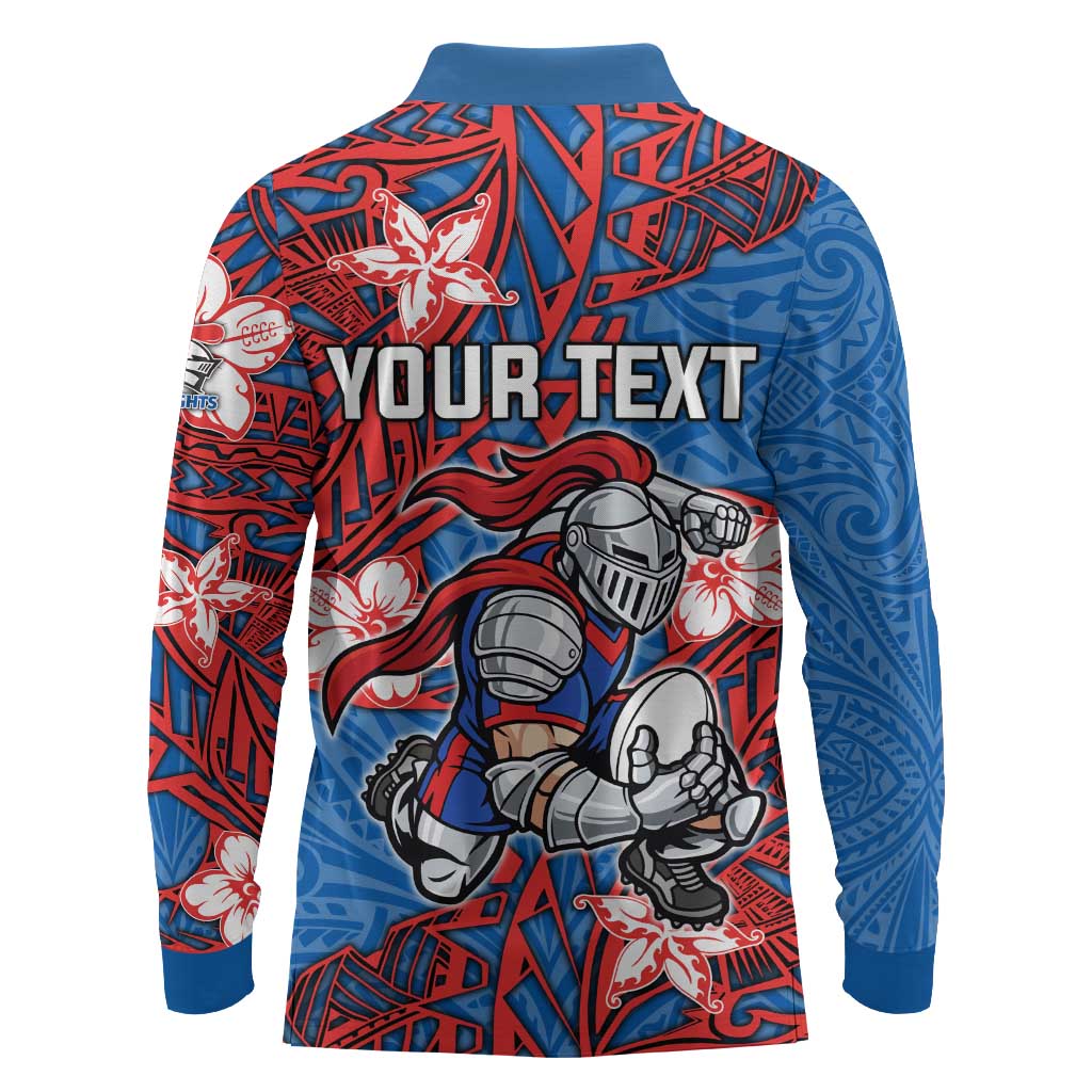 Personalised Newcastle Knights Long Sleeve Polo Shirt Polynesian Tribal Pattern With Rugby Knight Mascot Art