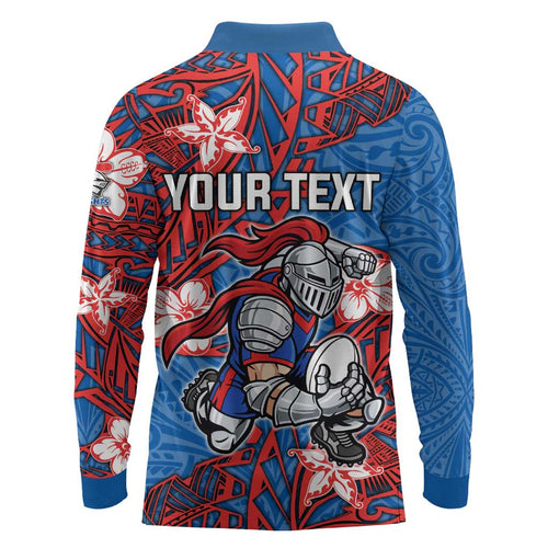 Personalised Newcastle Knights Long Sleeve Polo Shirt Polynesian Tribal Pattern With Rugby Knight Mascot Art