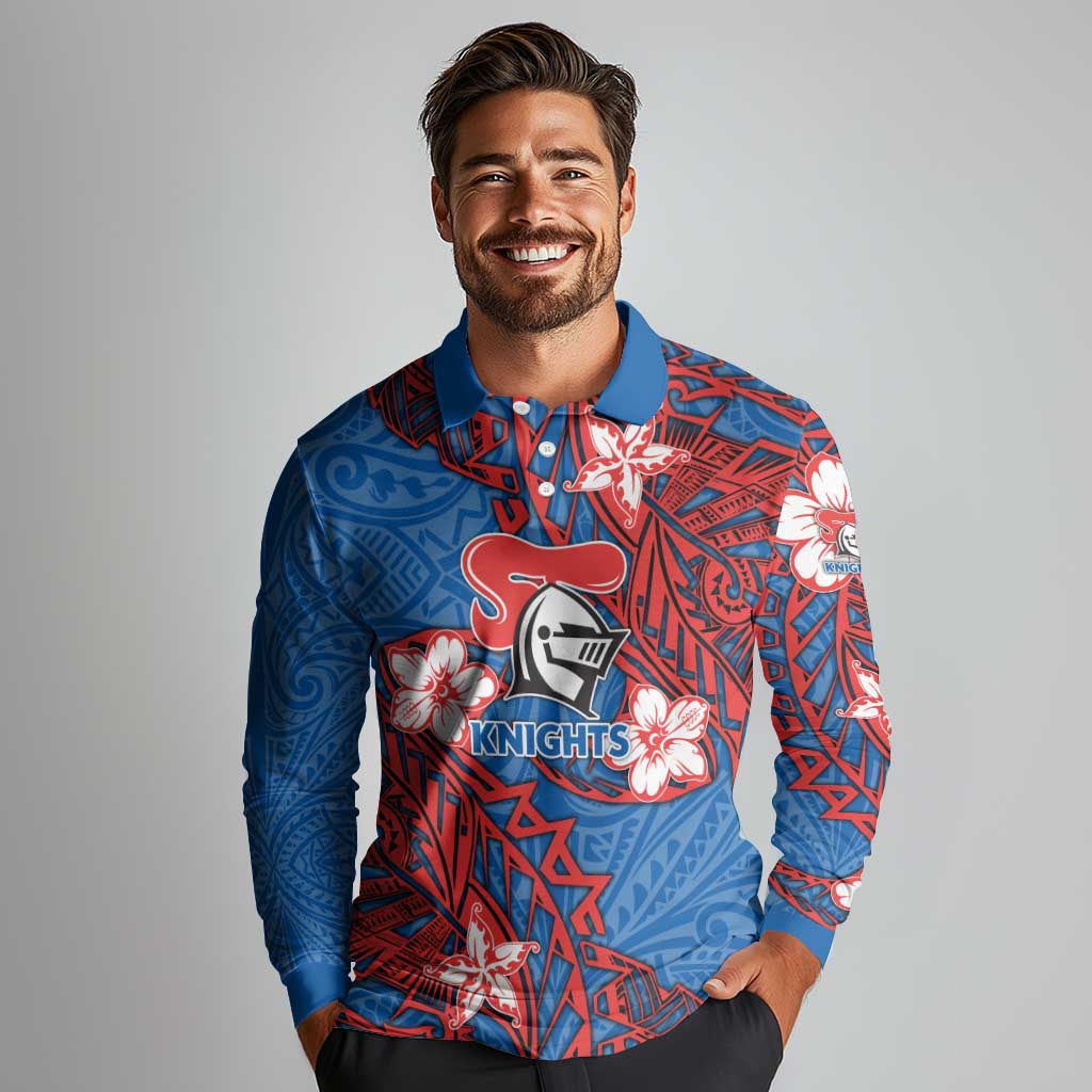 Personalised Newcastle Knights Long Sleeve Polo Shirt Polynesian Tribal Pattern With Rugby Knight Mascot Art