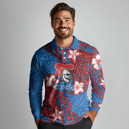 Personalised Newcastle Knights Long Sleeve Polo Shirt Polynesian Tribal Pattern With Rugby Knight Mascot Art