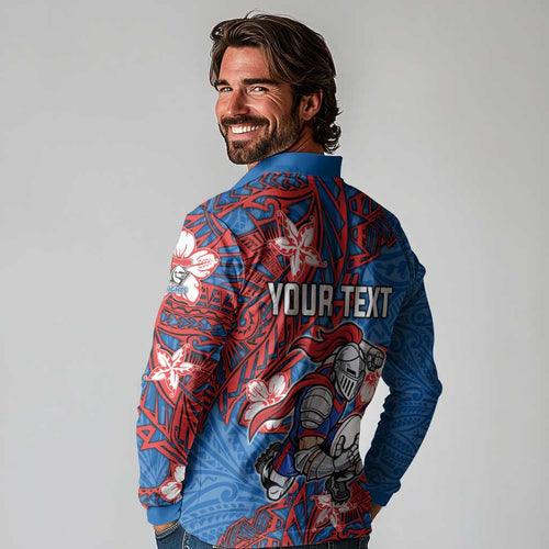 Personalised Newcastle Knights Long Sleeve Polo Shirt Polynesian Tribal Pattern With Rugby Knight Mascot Art