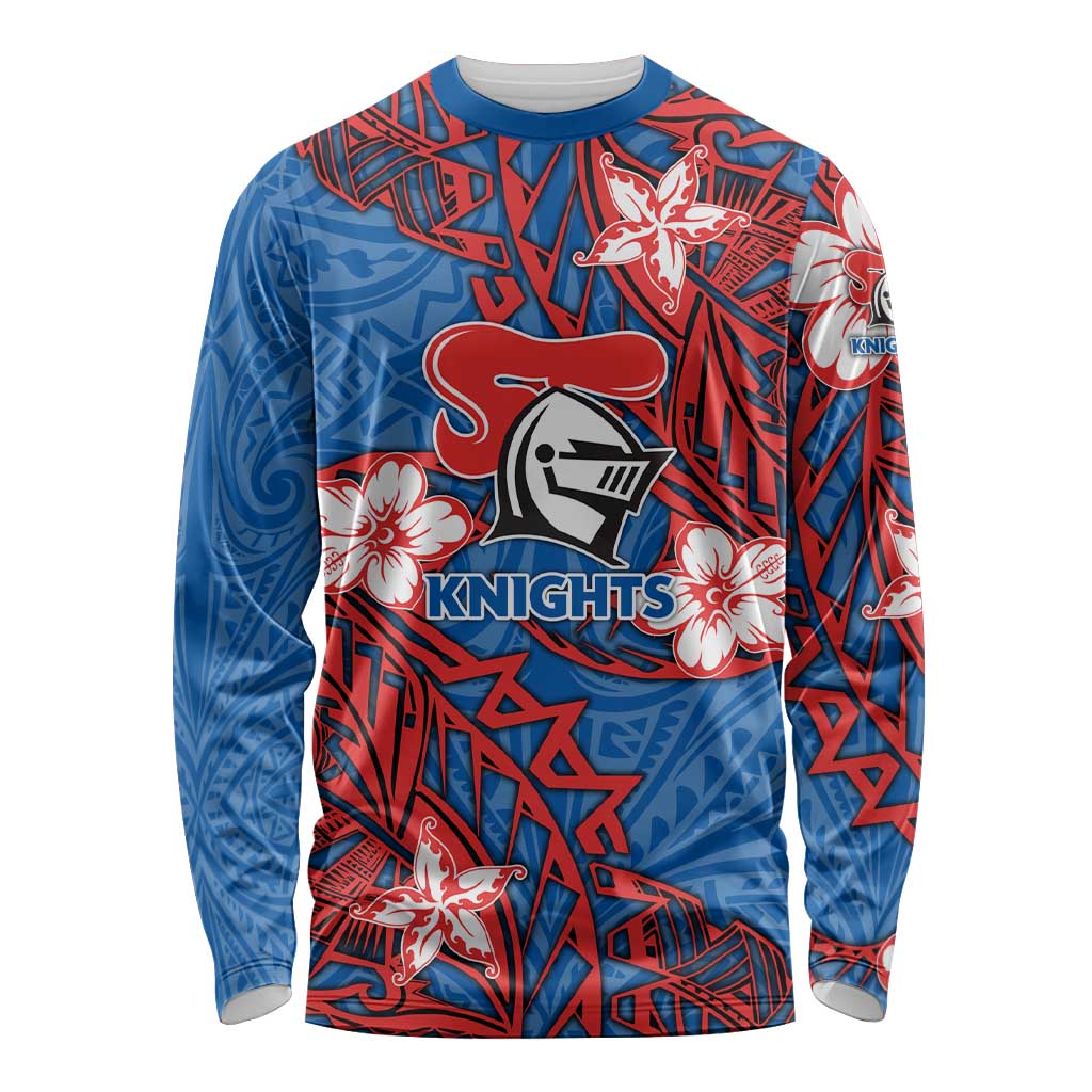 Personalised Newcastle Knights Long Sleeve Shirt Polynesian Tribal Pattern With Rugby Knight Mascot Art