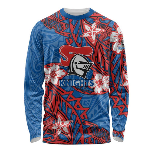 Personalised Newcastle Knights Long Sleeve Shirt Polynesian Tribal Pattern With Rugby Knight Mascot Art