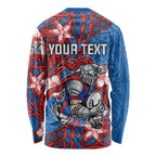 Personalised Newcastle Knights Long Sleeve Shirt Polynesian Tribal Pattern With Rugby Knight Mascot Art