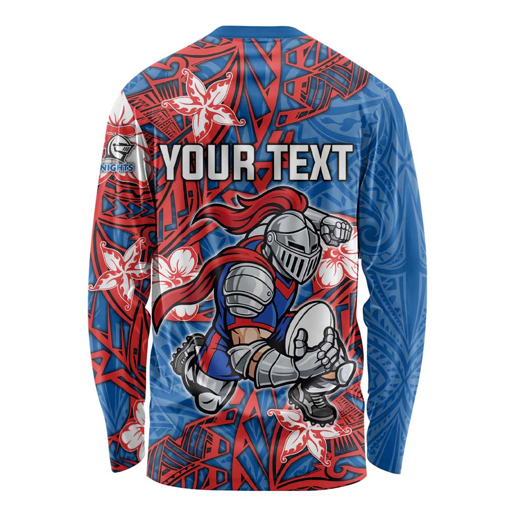 Personalised Newcastle Knights Long Sleeve Shirt Polynesian Tribal Pattern With Rugby Knight Mascot Art