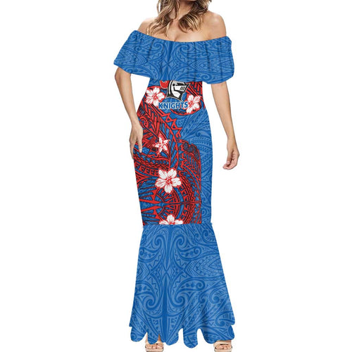 Personalised Newcastle Knights Mermaid Dress Polynesian Tribal Pattern With Rugby Knight Mascot Art