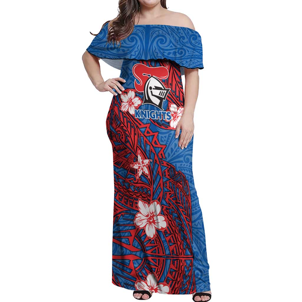 Personalised Newcastle Knights Off Shoulder Maxi Dress Polynesian Tribal Pattern With Rugby Knight Mascot Art