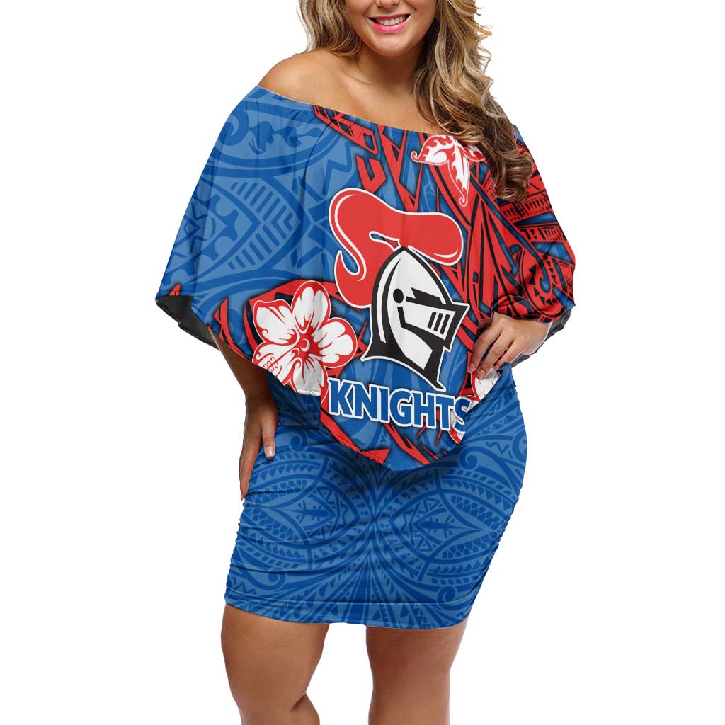 Personalised Newcastle Knights Off Shoulder Short Dress Polynesian Tribal Pattern With Rugby Knight Mascot Art
