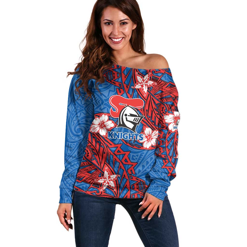Personalised Newcastle Knights Off Shoulder Sweater Polynesian Tribal Pattern With Rugby Knight Mascot Art