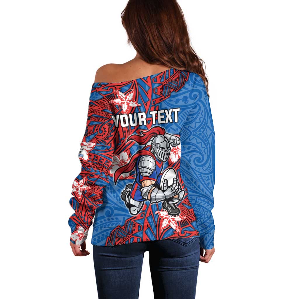 Personalised Newcastle Knights Off Shoulder Sweater Polynesian Tribal Pattern With Rugby Knight Mascot Art