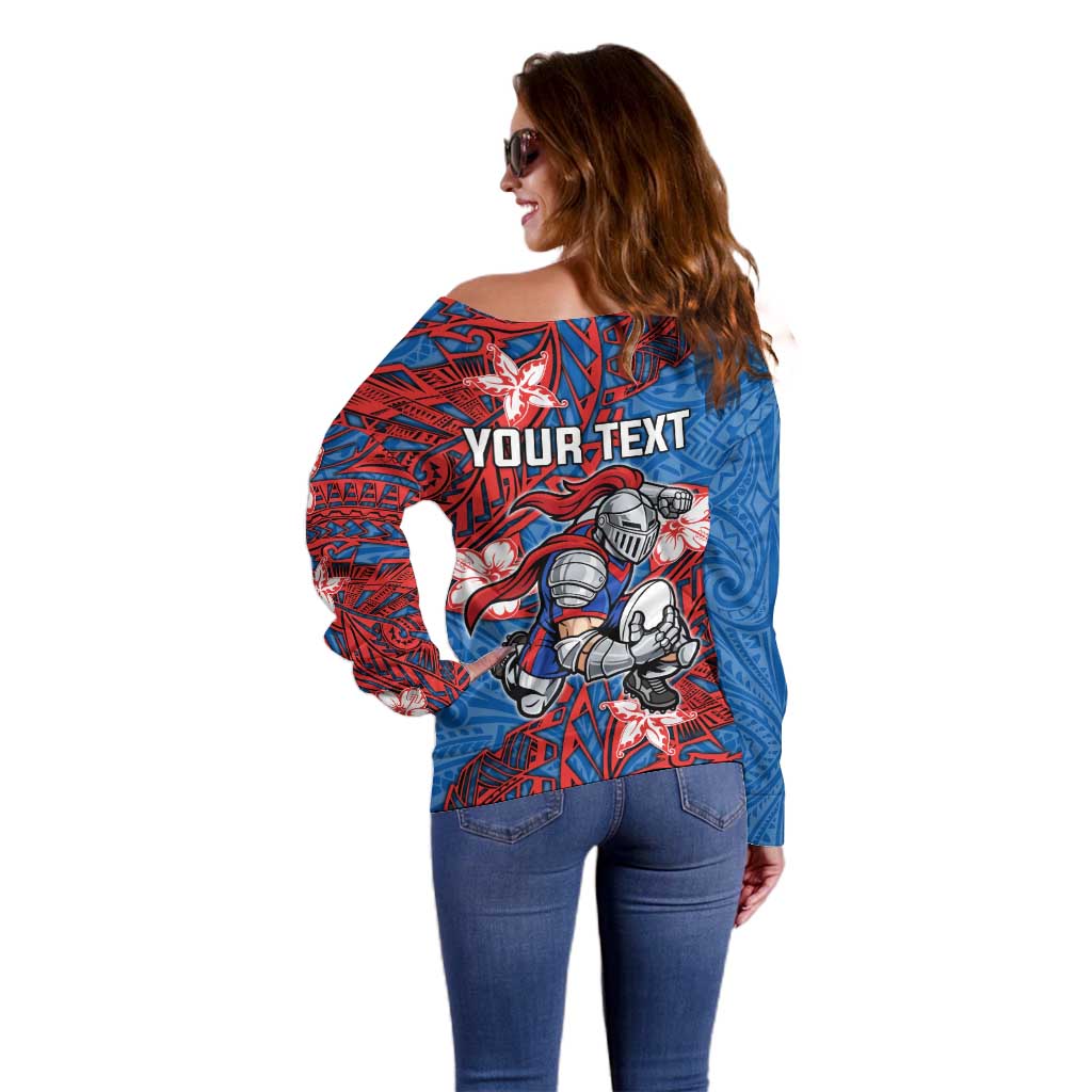 Personalised Newcastle Knights Off Shoulder Sweater Polynesian Tribal Pattern With Rugby Knight Mascot Art