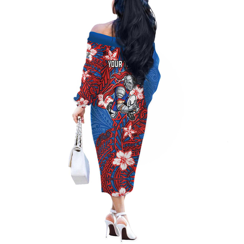Personalised Newcastle Knights Off The Shoulder Long Sleeve Dress Polynesian Tribal Pattern With Rugby Knight Mascot Art