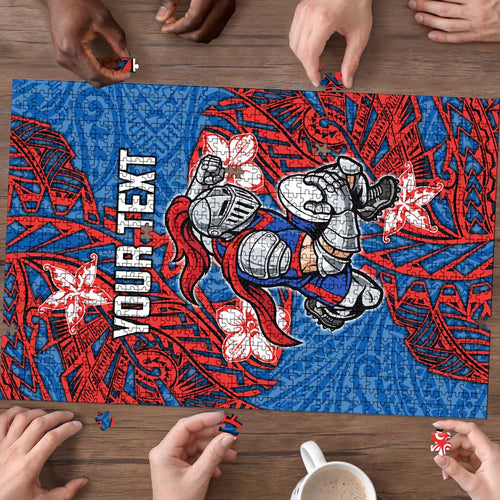 Personalised Newcastle Knights Puzzle Polynesian Tribal Pattern With Rugby Knight Mascot Art