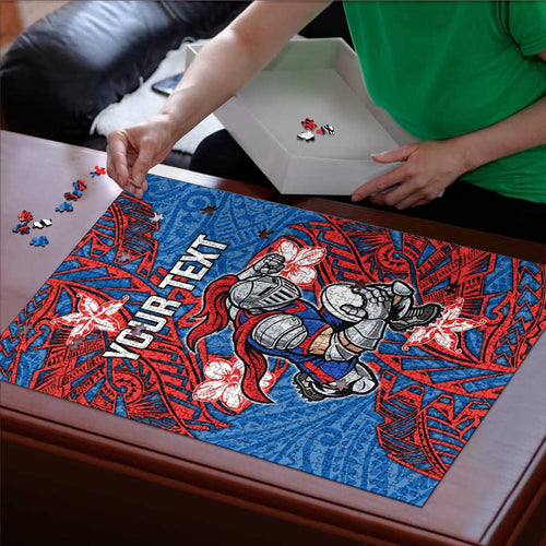 Personalised Newcastle Knights Puzzle Polynesian Tribal Pattern With Rugby Knight Mascot Art