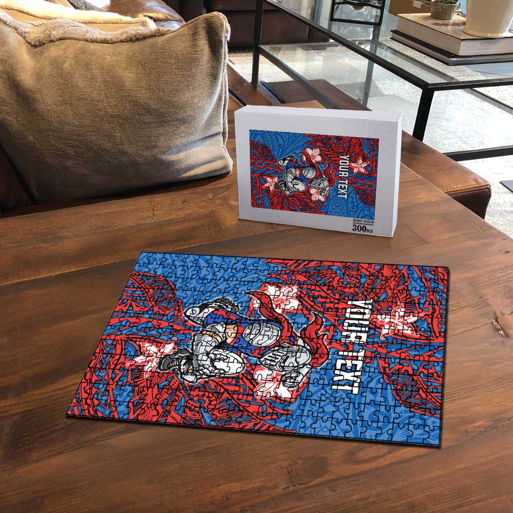 Personalised Newcastle Knights Puzzle Polynesian Tribal Pattern With Rugby Knight Mascot Art