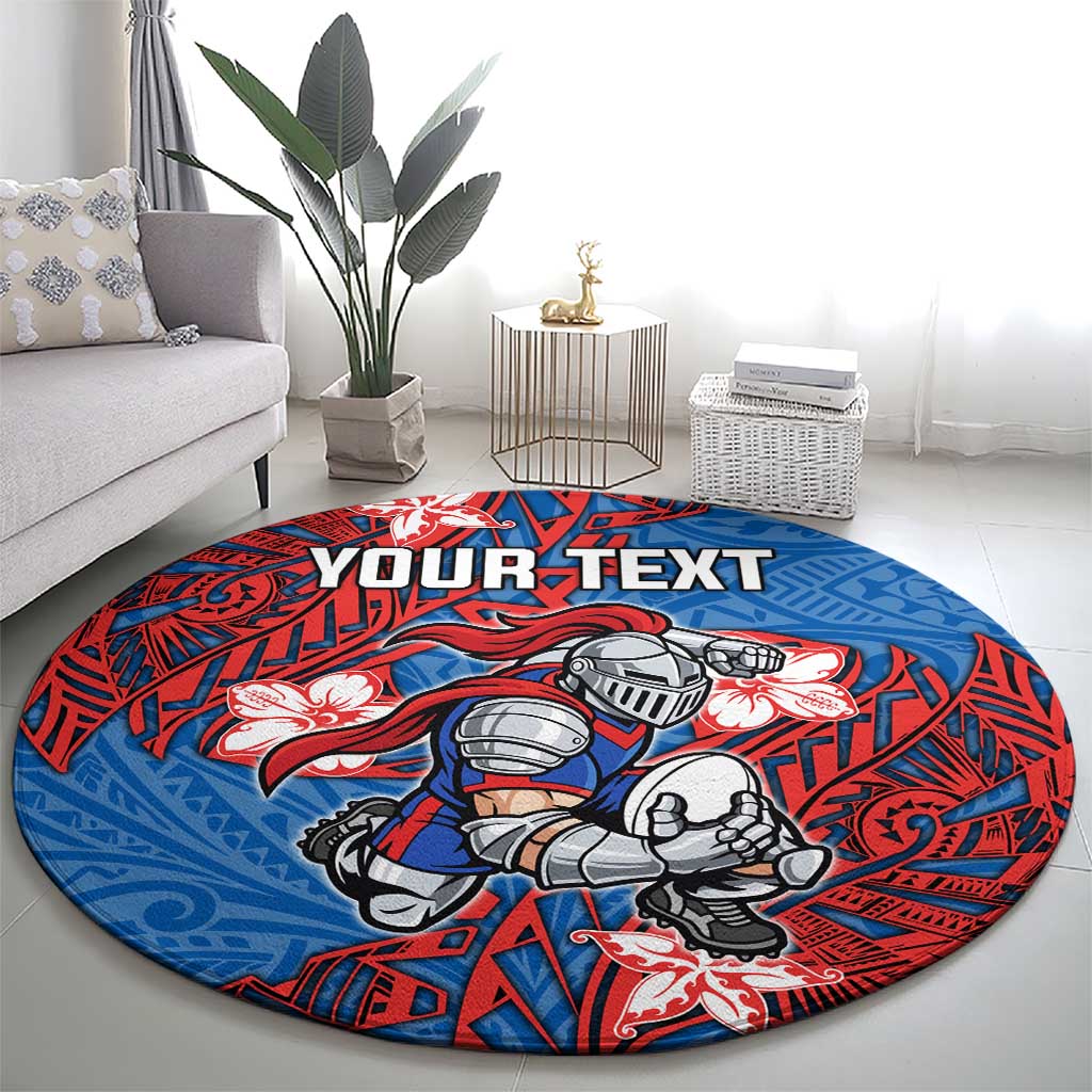 Personalised Newcastle Knights Round Carpet Polynesian Tribal Pattern With Rugby Knight Mascot Art