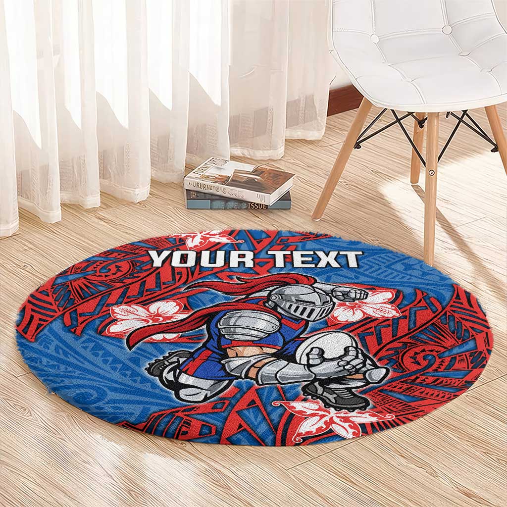 Personalised Newcastle Knights Round Carpet Polynesian Tribal Pattern With Rugby Knight Mascot Art