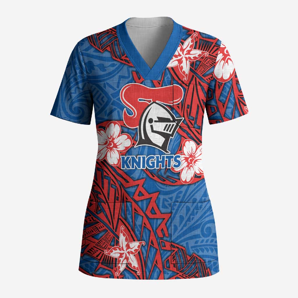 Personalised Newcastle Knights Scrub Top Polynesian Tribal Pattern With Rugby Knight Mascot Art