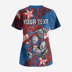 Personalised Newcastle Knights Scrub Top Polynesian Tribal Pattern With Rugby Knight Mascot Art